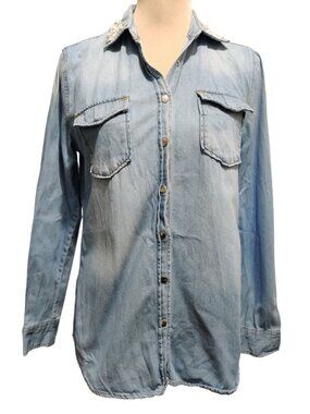 Vintage Beaded Pearl Applique Denim Shirt Size M Coastal Cowgirl Bridal Western